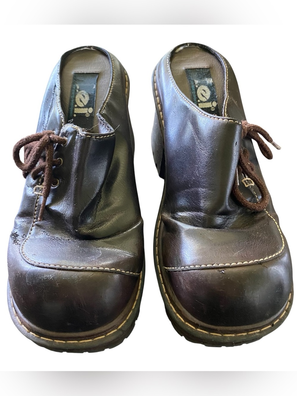 Vintage LEI Y2K Chunky Brown Faux Leather Heel Platform Slip On Mule Shoe Sz 7.5 - Picture 4 of 9